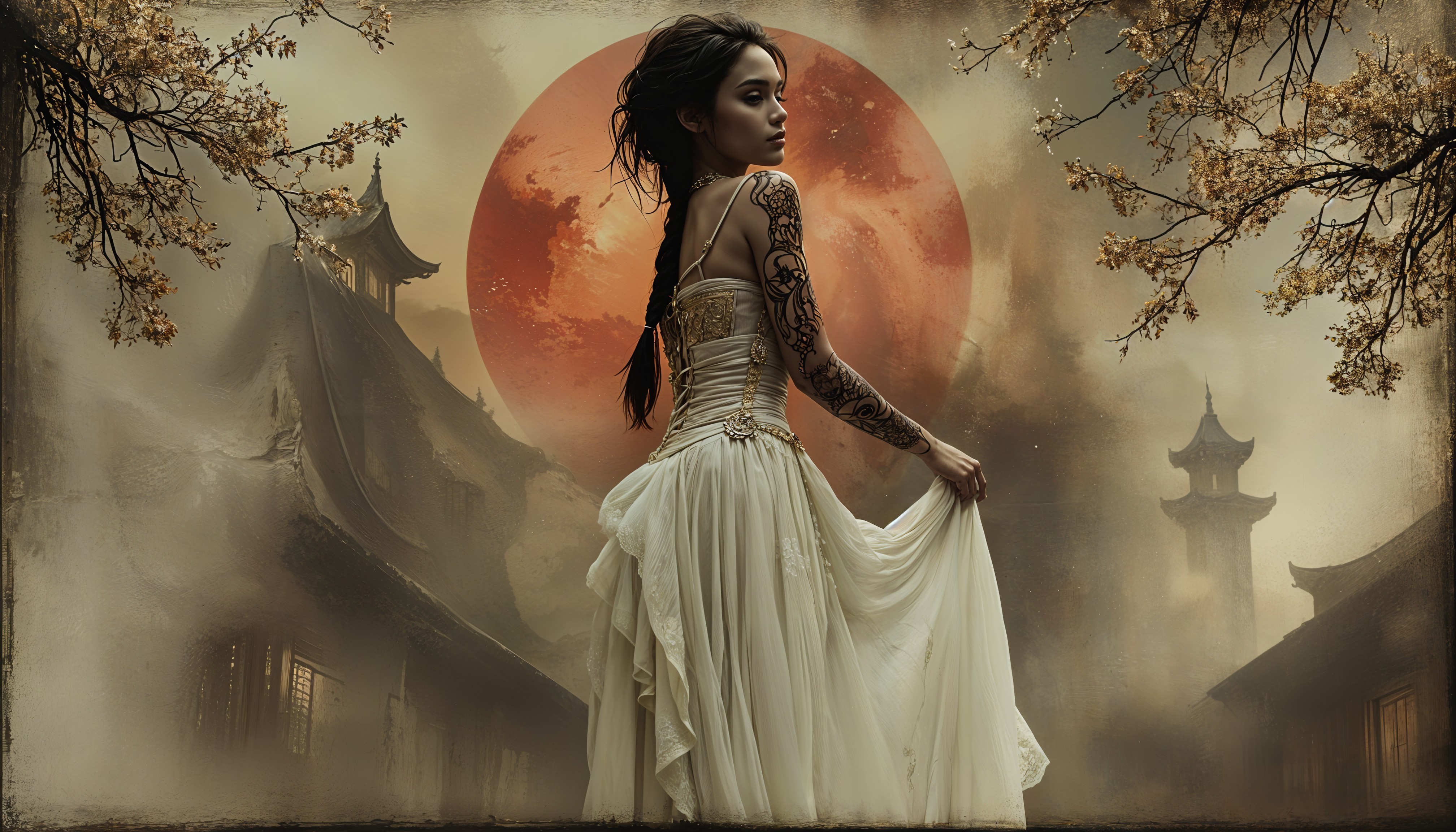 Mystical Scene of Woman with Tattoos and Moonlit Background