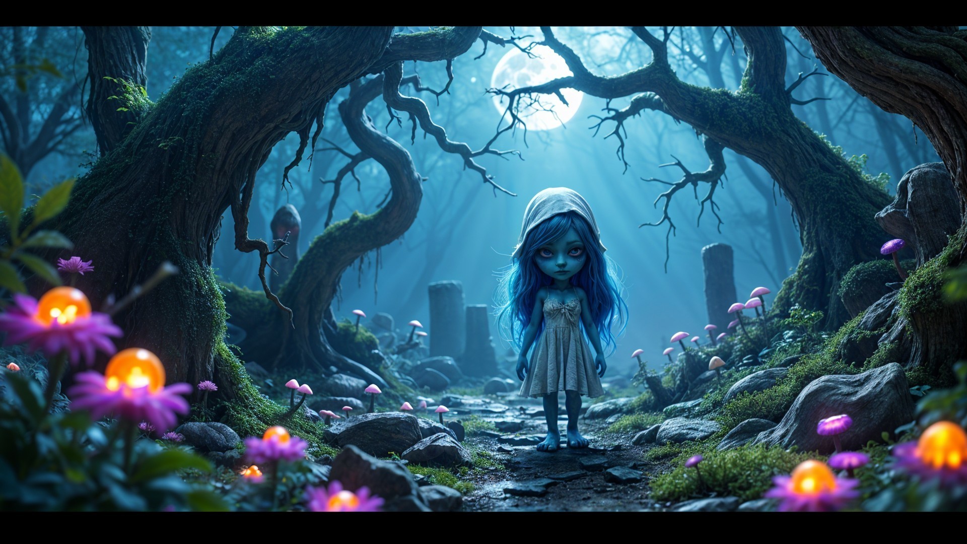 Whimsical Scene in a Misty Forest with Blue Light