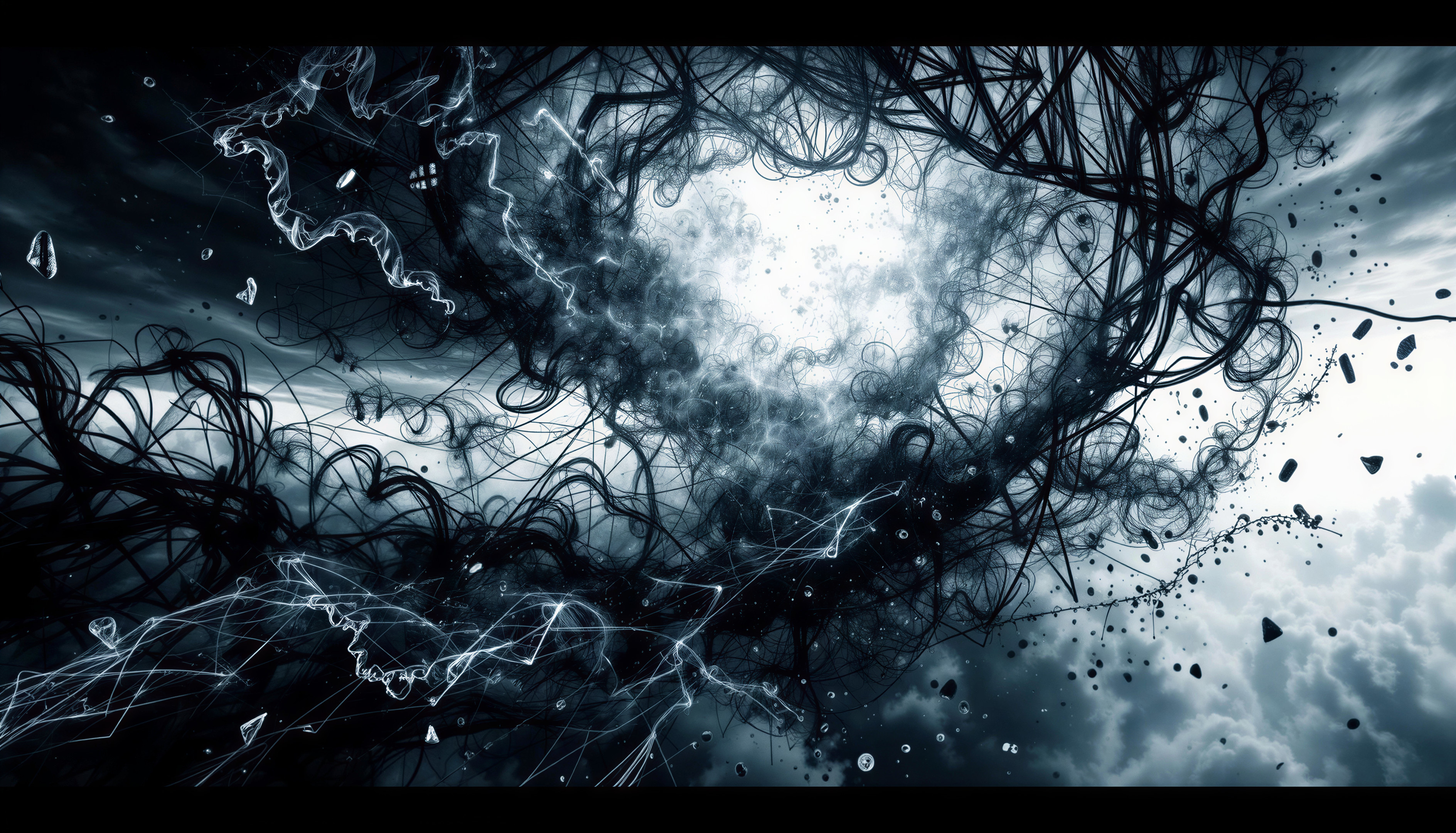 Surreal Black and White Abstract Composition with Depth
