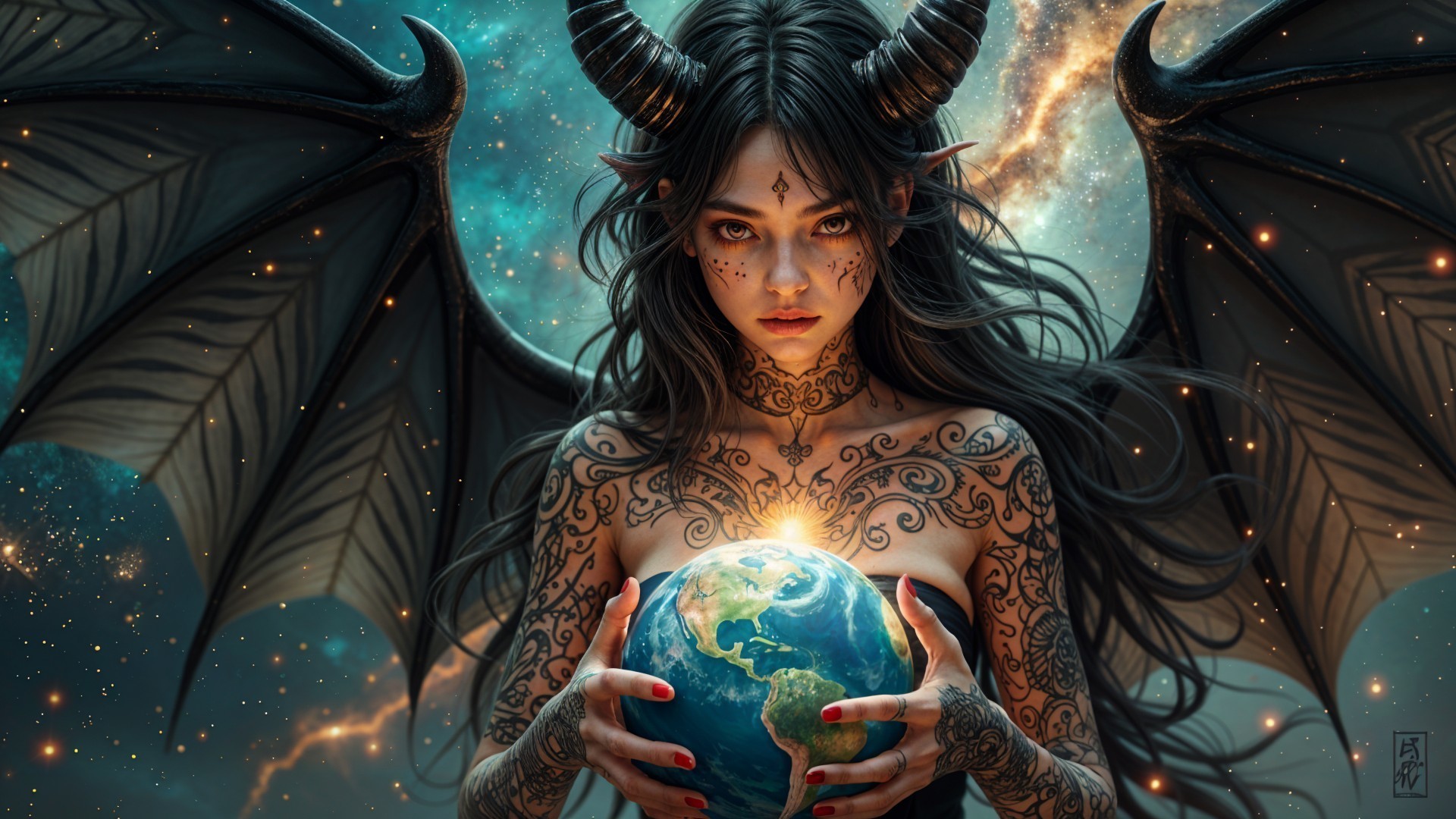 Mystical Figure with Wings and Cosmic Background
