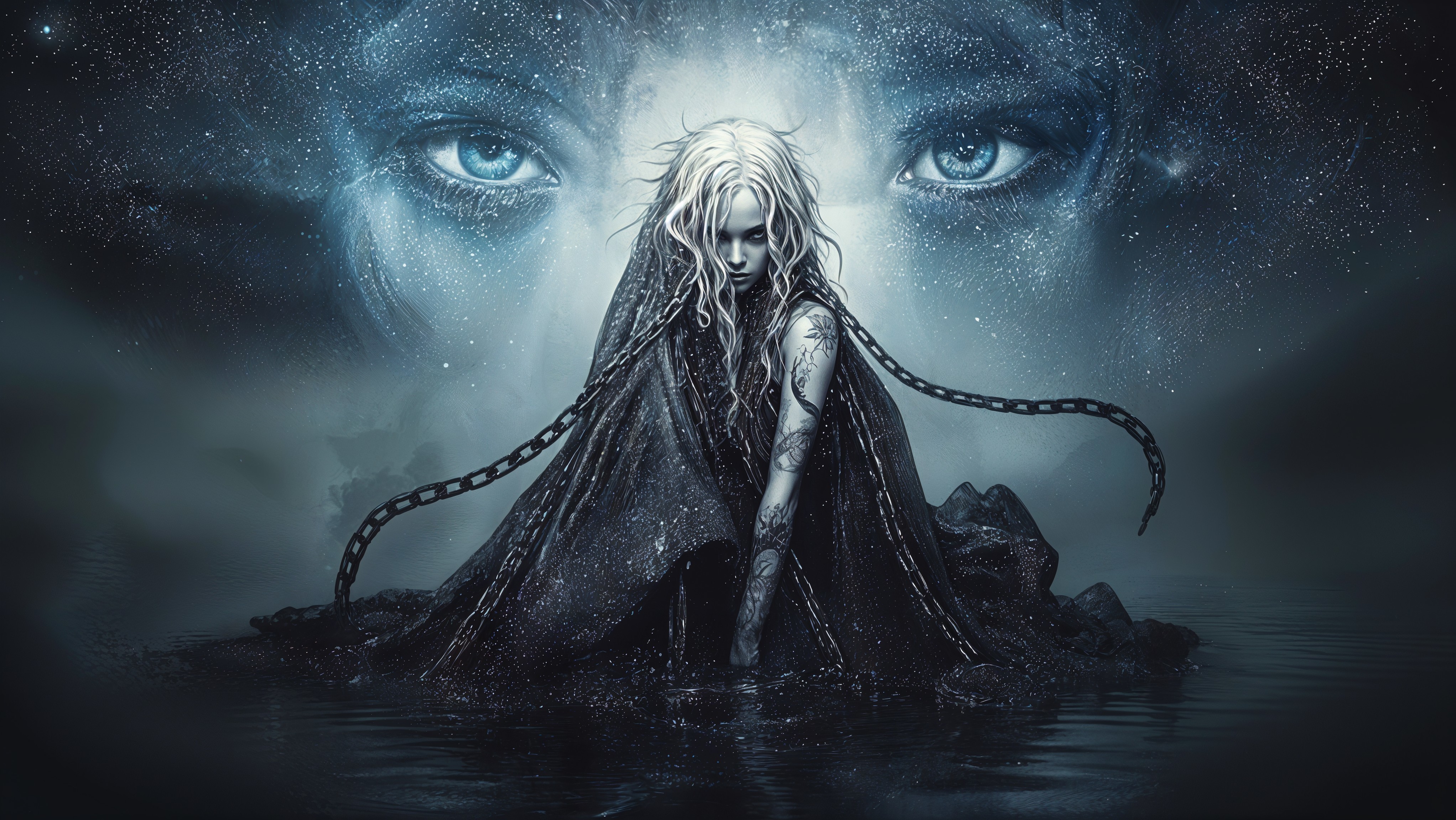 Haunting Figure in Flowing Black Garments and Tattoos