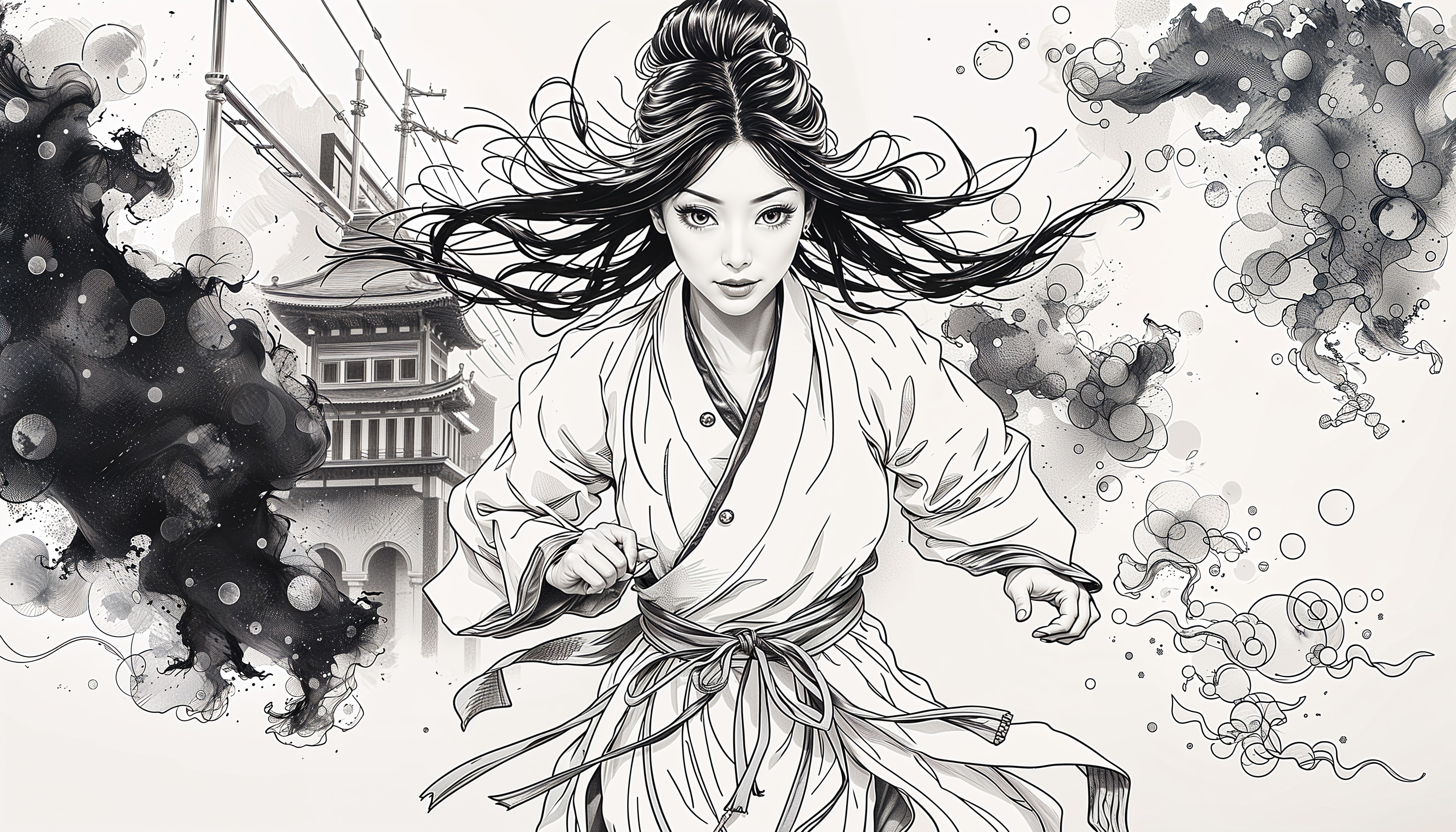 Dynamic Woman in Flowing Robe with Abstract Background