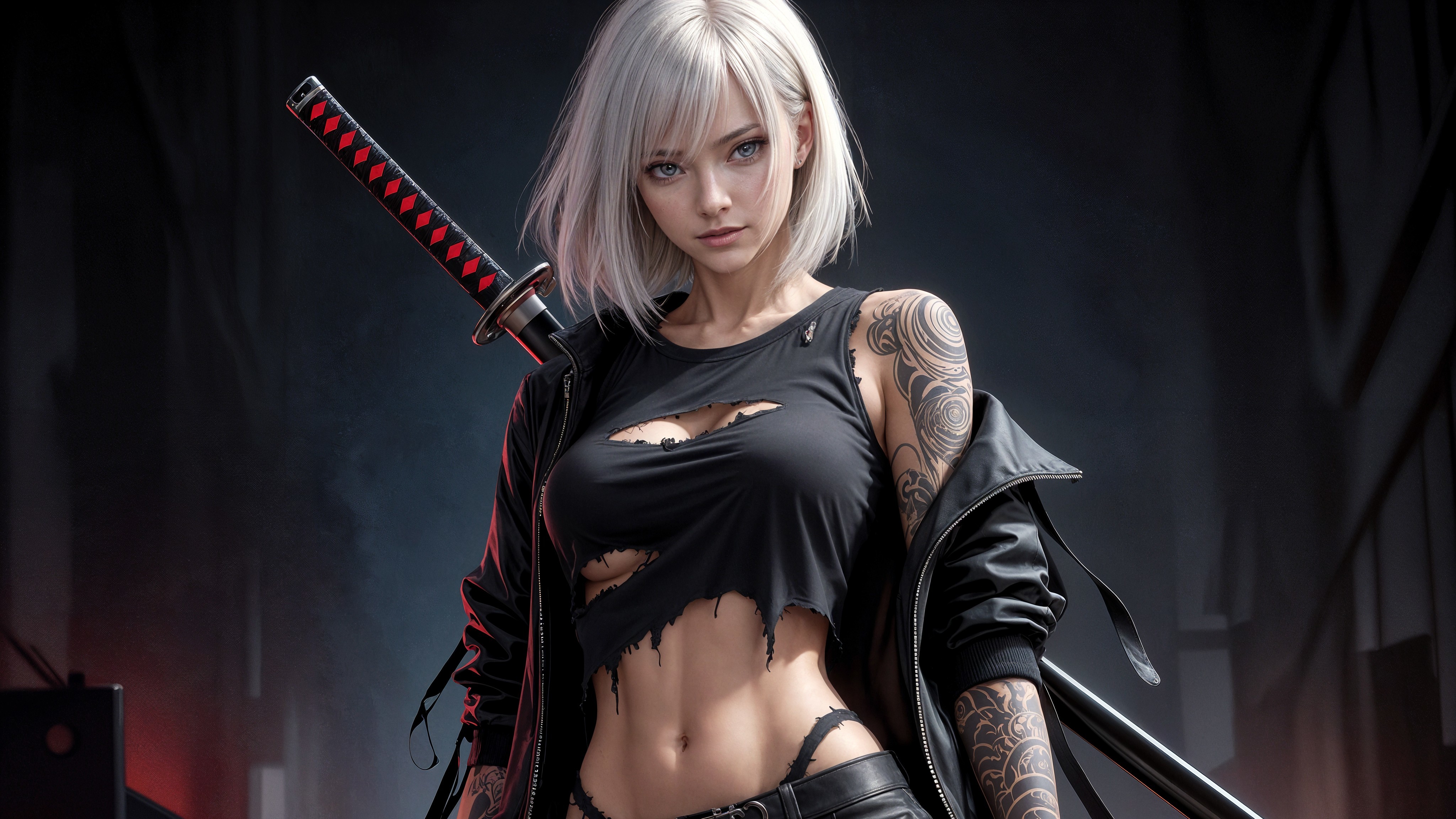 Fierce Warrior with Platinum Hair and Katana