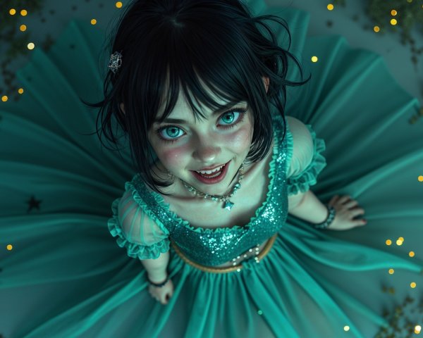 Young girl in teal dress with cheerful expression