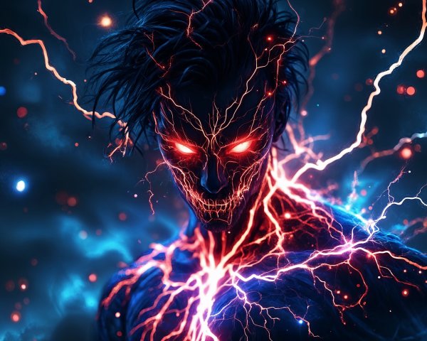 Menacing figure with skeletal face and electric energy