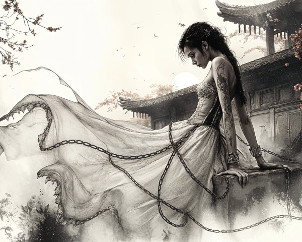 Mysterious Figure in Ethereal Dress Amidst Foggy Landscape