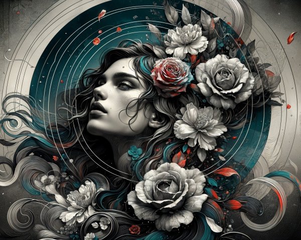 Artwork of a Woman with Flowers and Circular Patterns