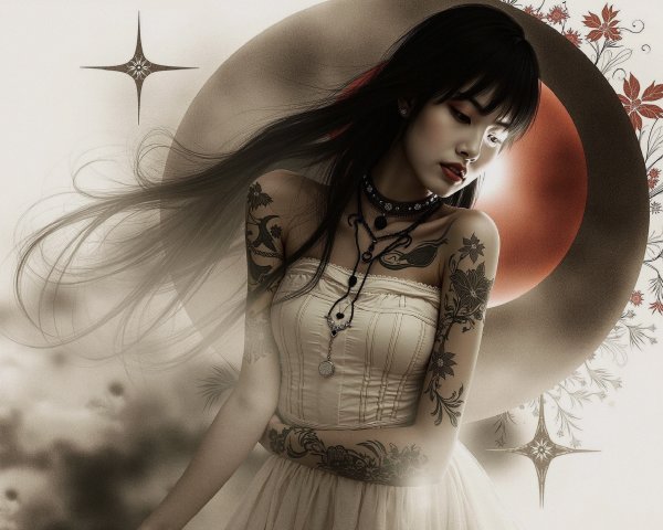 Woman with Long Hair and Intricate Tattoos in Dress