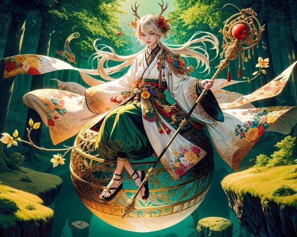 Mystical figure in colorful robes above a golden sphere