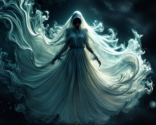 Mystical Figure in Ethereal Mist and Flowing Gown