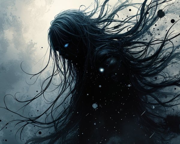 Ethereal Figure Surrounded by Ink Textures and Lights