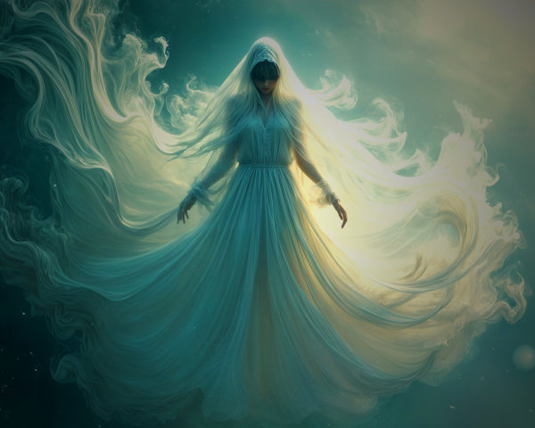 Ethereal Figure in Translucent Fabric Amidst Mystical Light