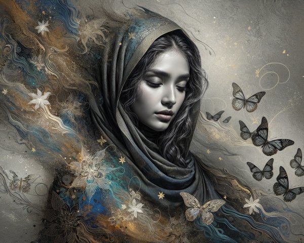 Portrait of a Young Woman with Butterflies and Flowers