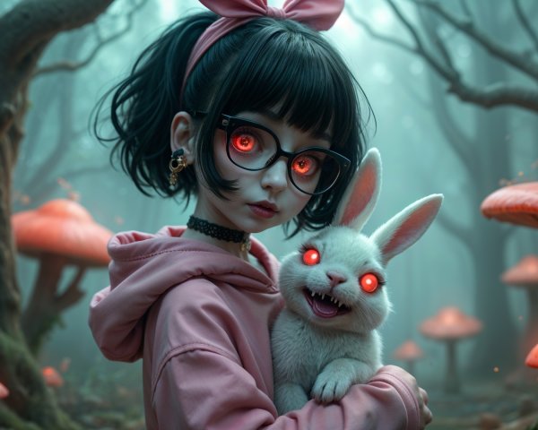Mystical forest scene with glowing mushrooms and rabbit