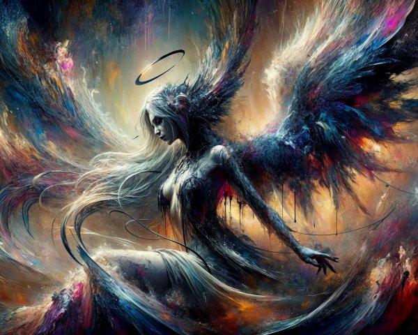 Ethereal Figure with Majestic Wings in Colorful Scene