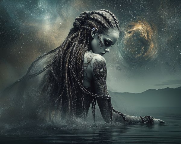 Mystical Figure in Cosmic Waters with Intricate Tattoos