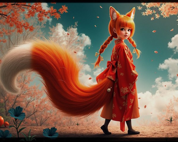 Young girl with fox ears in autumn landscape