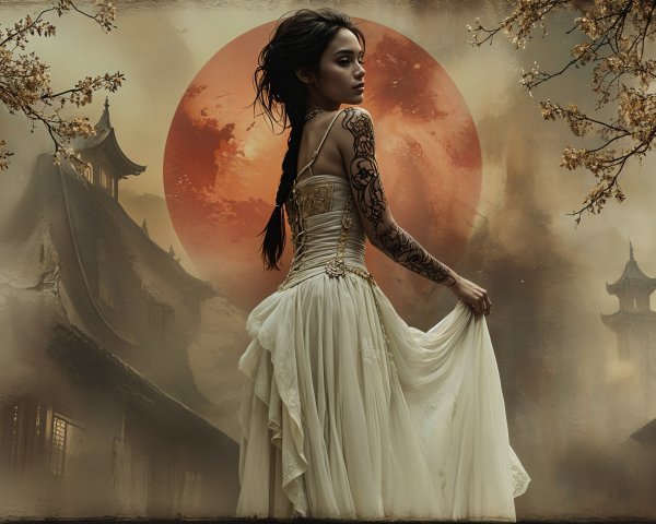 Mystical Scene of Woman with Tattoos and Moonlit Background