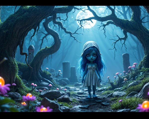 Whimsical Scene in a Misty Forest with Blue Light