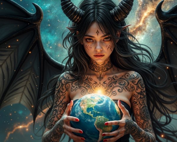 Mystical Figure with Wings and Cosmic Background
