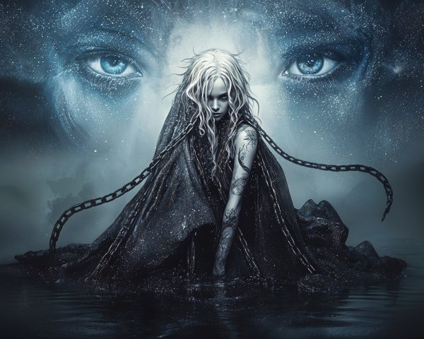 Haunting Figure in Flowing Black Garments and Tattoos