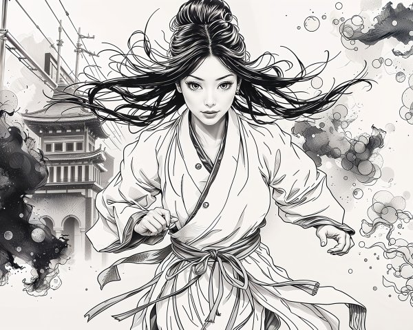 Dynamic Woman in Flowing Robe with Abstract Background