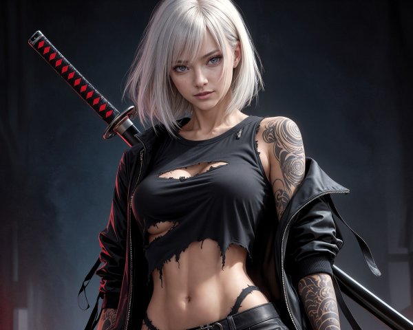 Fierce Warrior with Platinum Hair and Katana
