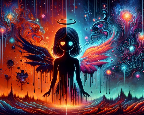 Mystical Figure with Angelic Wings and Cosmic Elements
