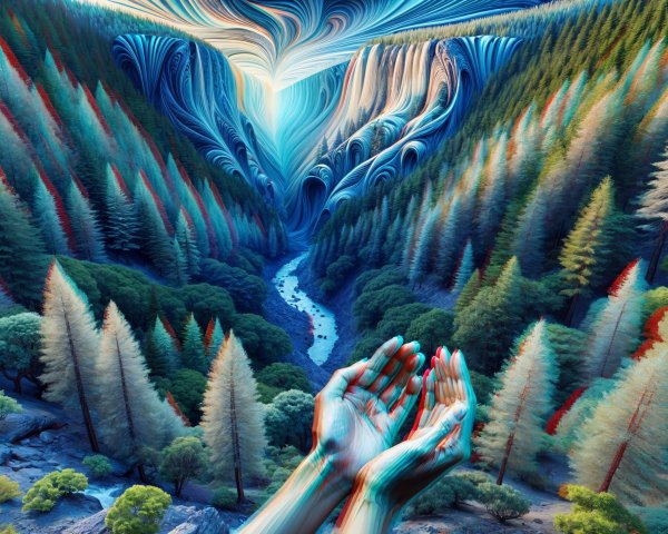 Surreal Landscape with Vibrant Valley and Abstract Patterns