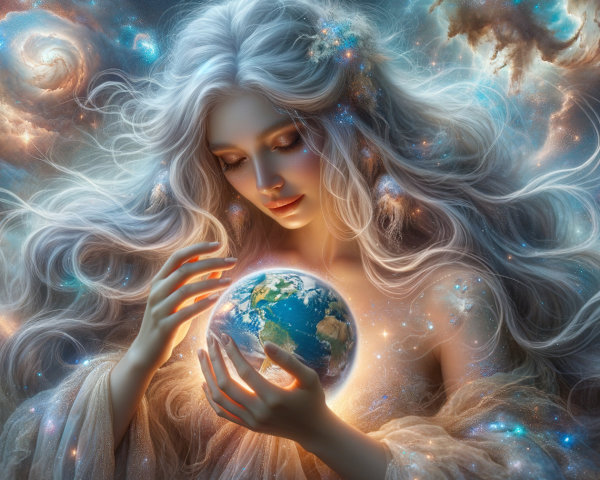 Celestial Figure Holding a Glowing Earth in Space