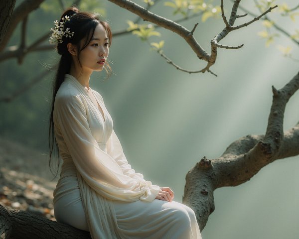 Serene Young Woman on Gnarled Tree Branch in Mist