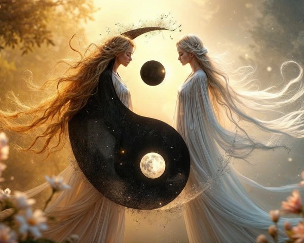 Ethereal Figures in Yin-Yang Symbol with Flowers