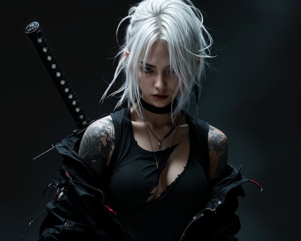 Fierce Warrior with Platinum Hair and Katana