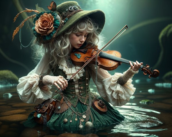Young girl in floral hat playing violin in water
