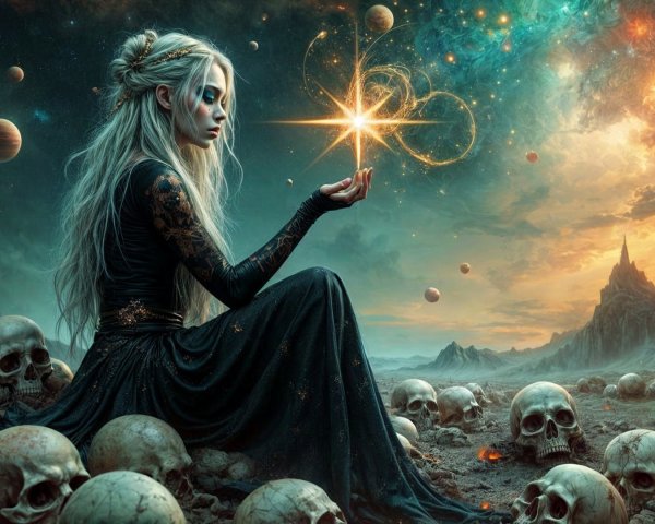 Surreal Landscape with Mystical Figure and Skulls