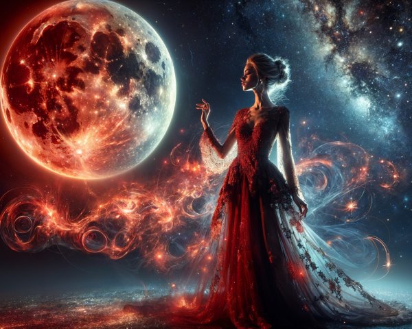 Mystical Figure Against Cosmic Backdrop with Moon