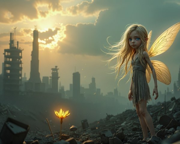 Ethereal Girl with Wings in Post-Apocalyptic Ruins
