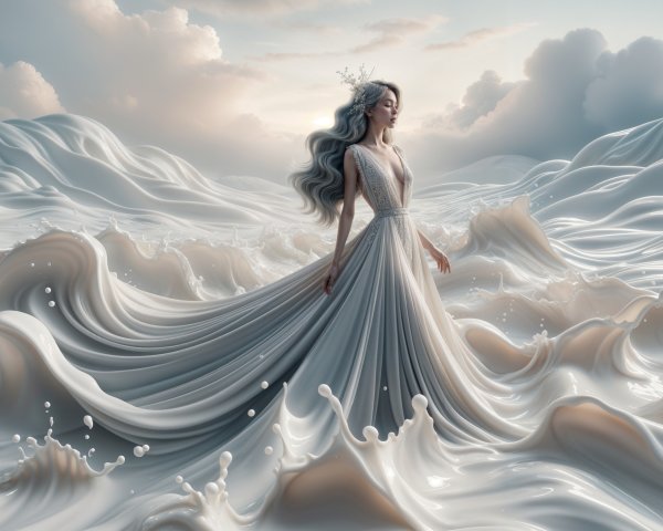 Ethereal Figure in Surreal Landscape with Flowing Waves