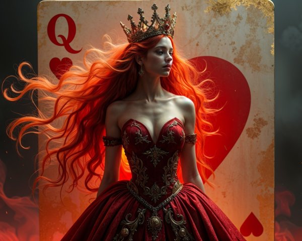 Queen in Lavish Red Gown with Heart Symbol Backdrop