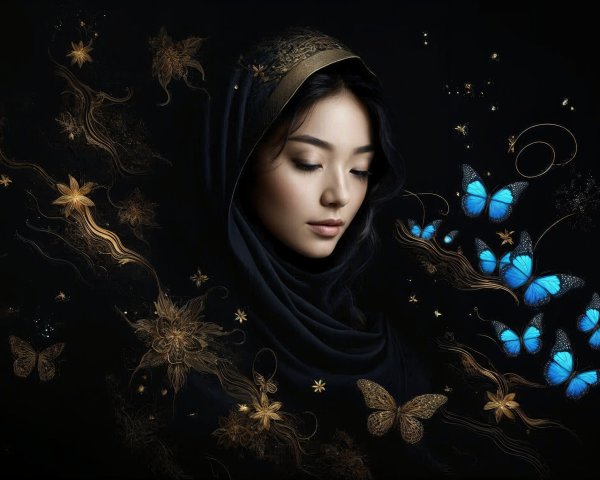 Serene Young Woman with Dark Scarf and Ethereal Designs