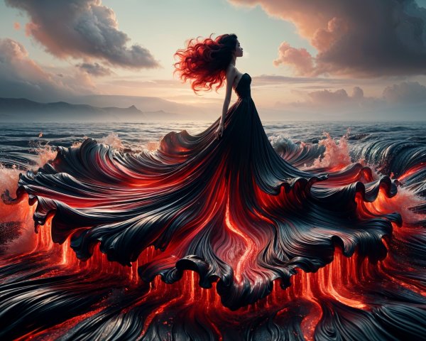 Surreal Landscape with Figure in Lava-Inspired Gown