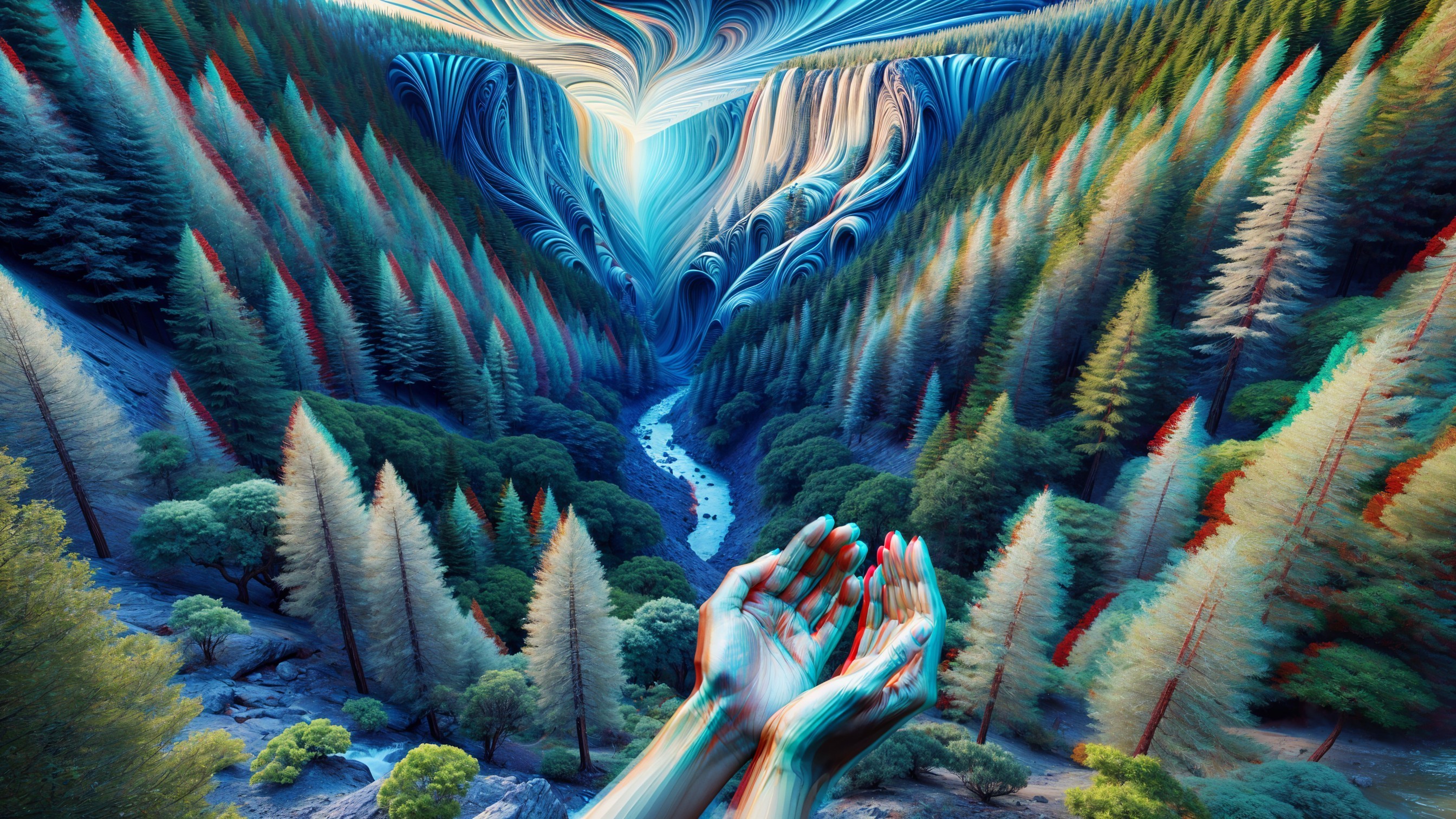 Surreal Landscape with Vibrant Valley and Abstract Patterns