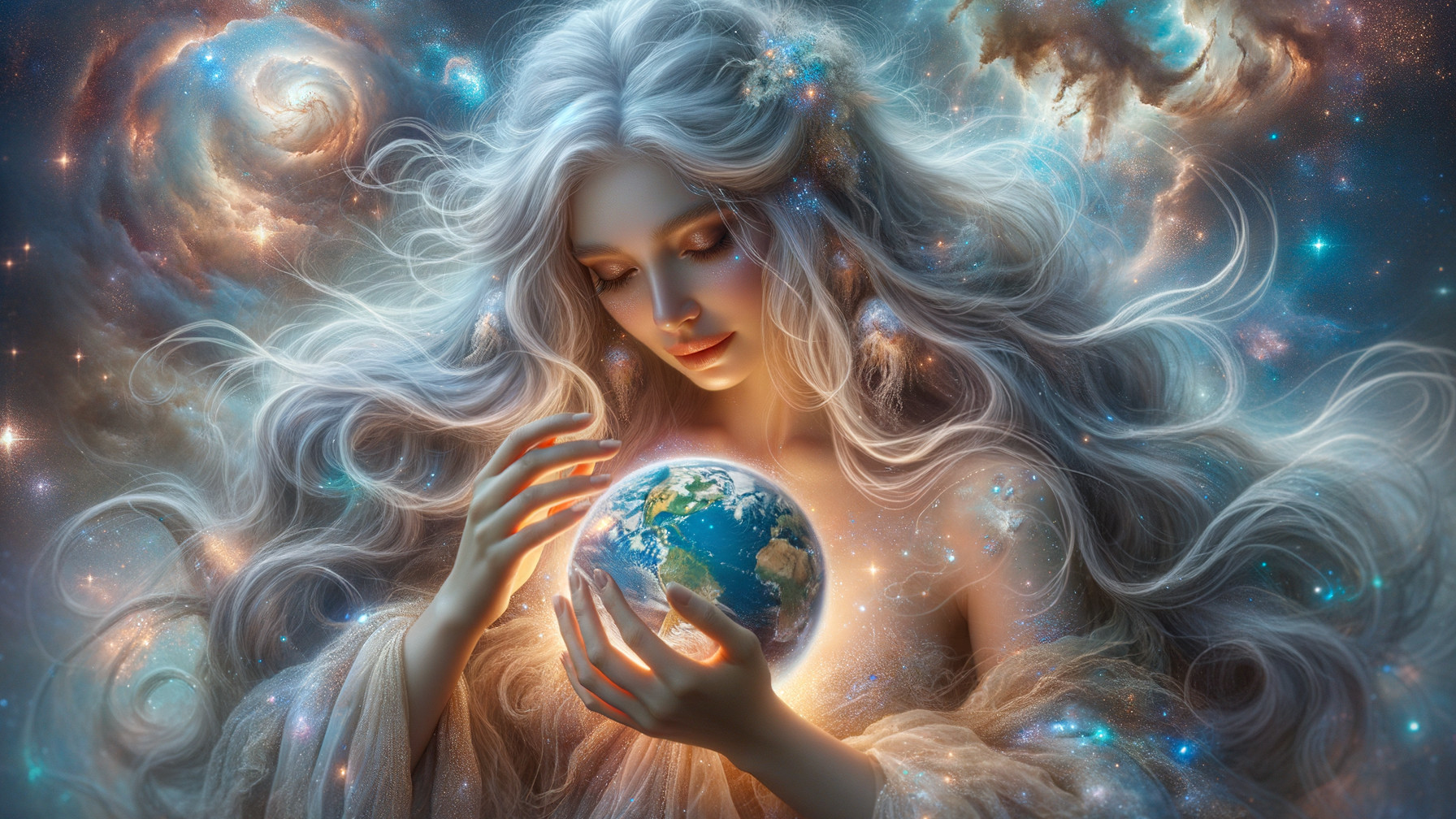 Celestial Figure Holding a Glowing Earth in Space