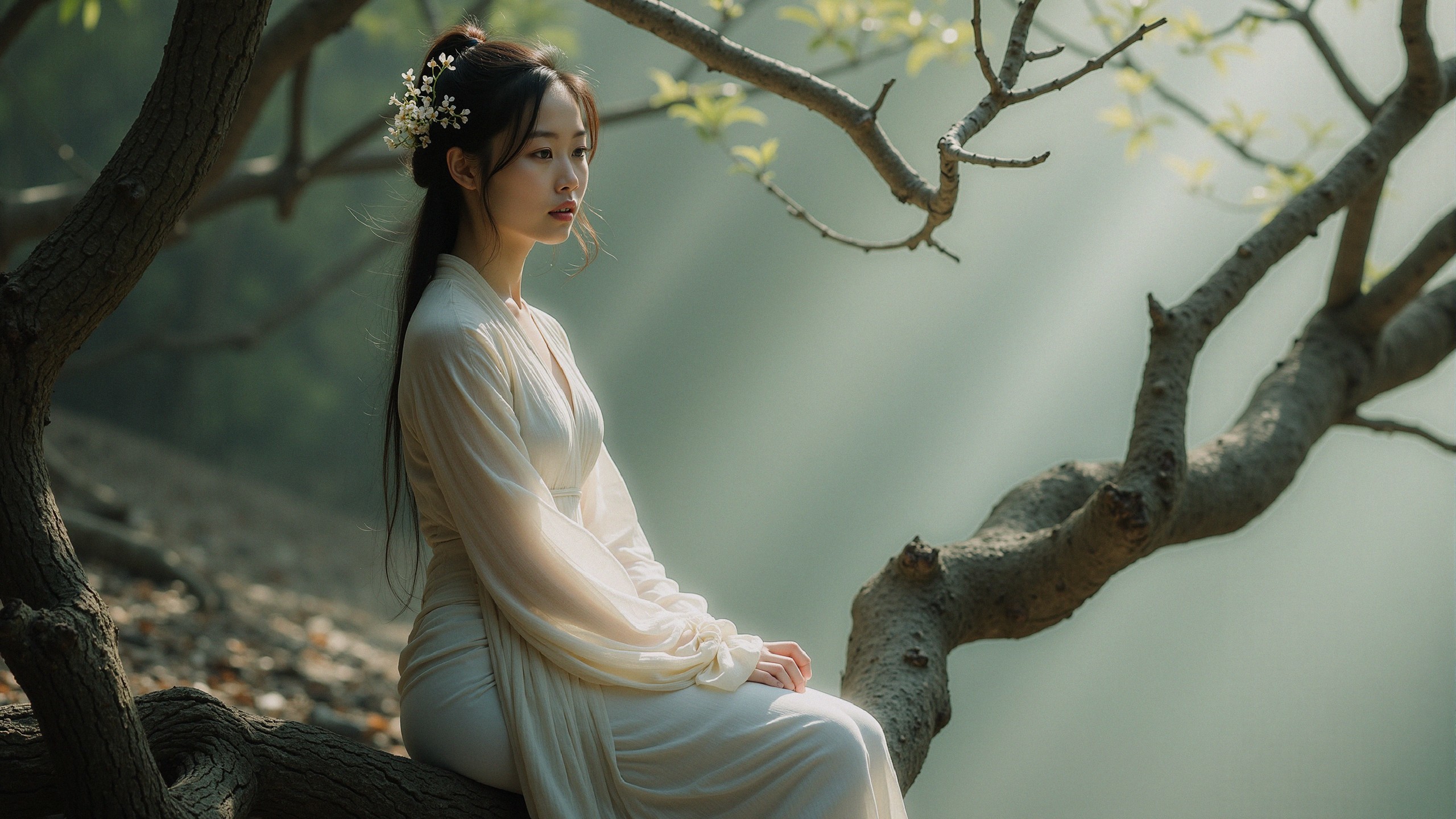 Serene Young Woman on Gnarled Tree Branch in Mist