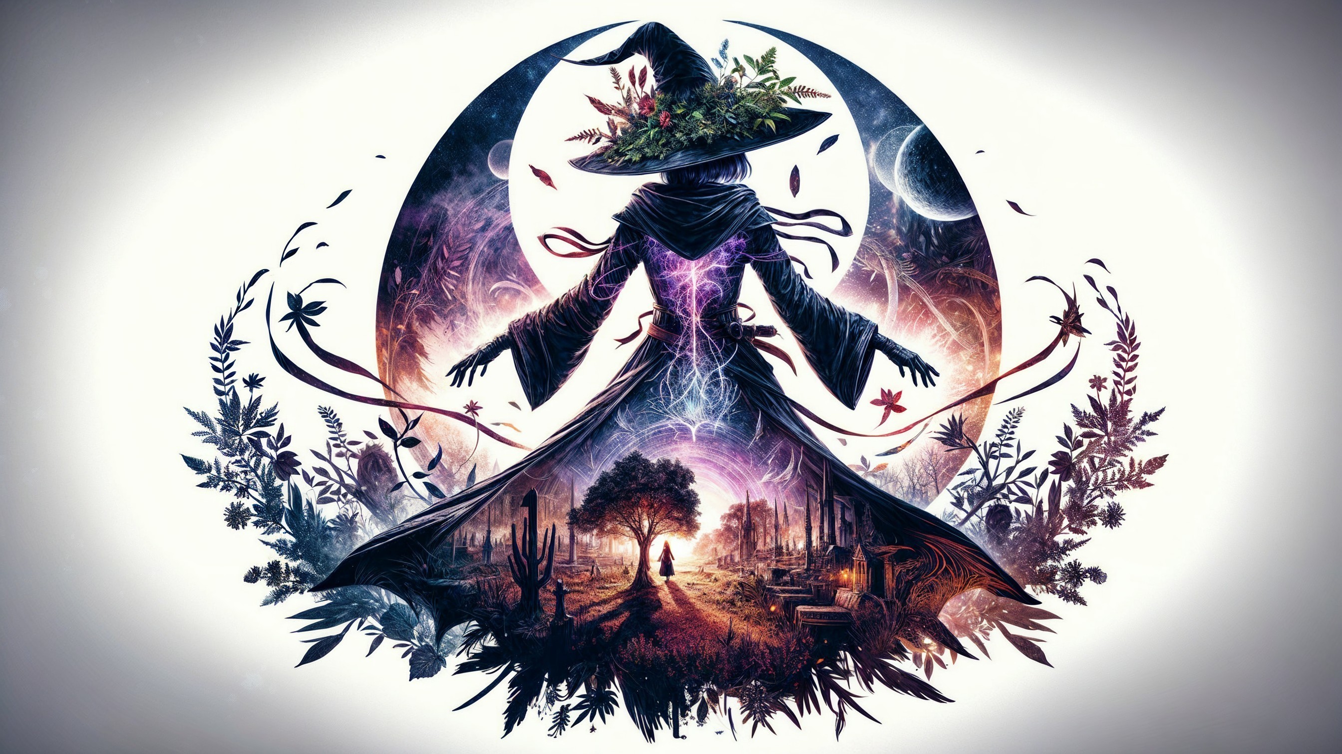 Mystical Figure in Dark Robe with Cosmic Elements