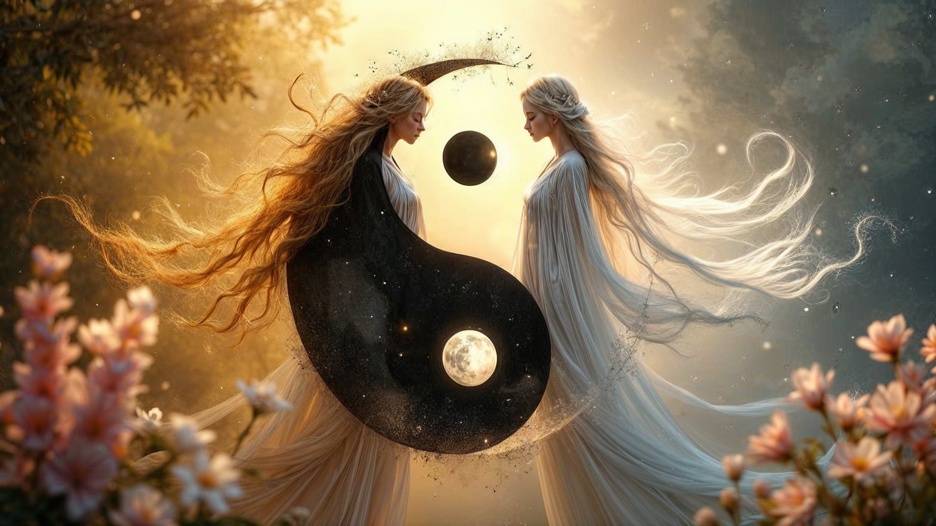 Ethereal Figures in Yin-Yang Symbol with Flowers