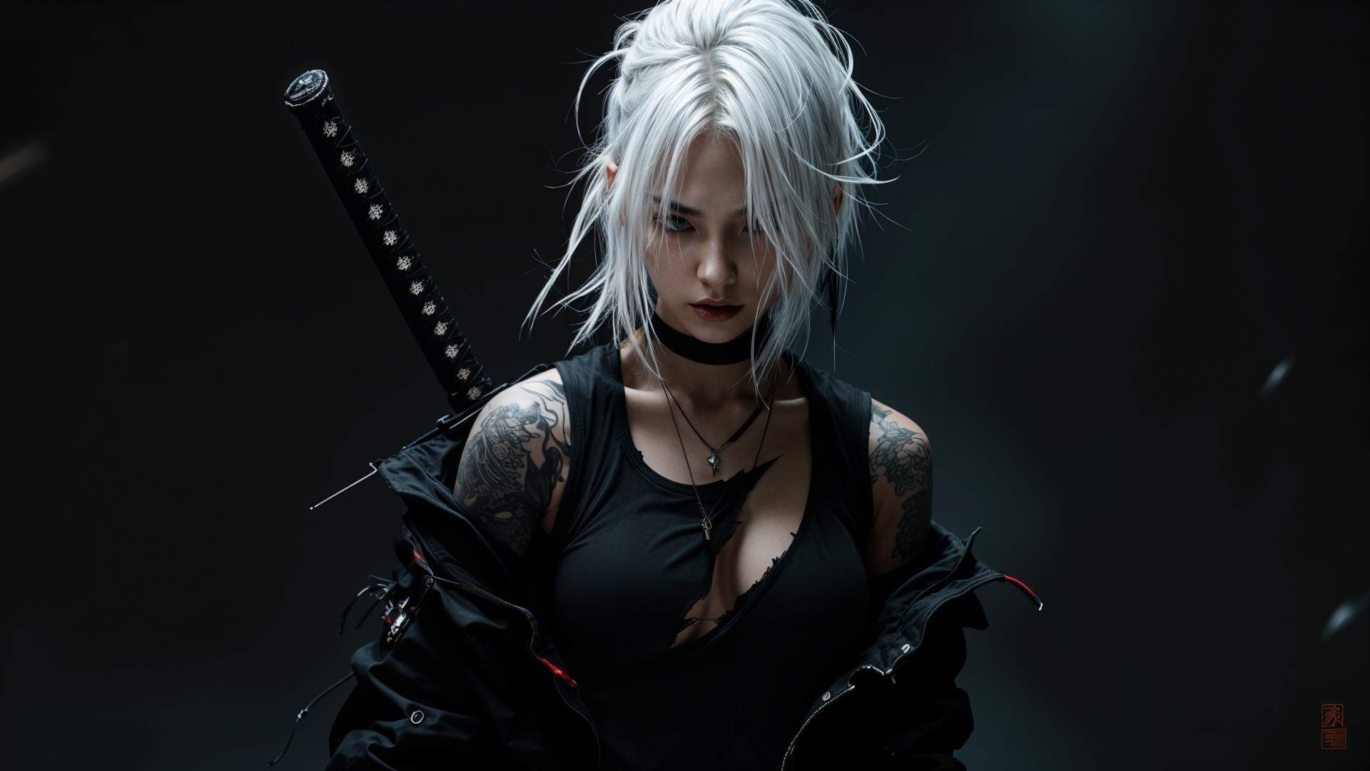Fierce Warrior with Platinum Hair and Katana