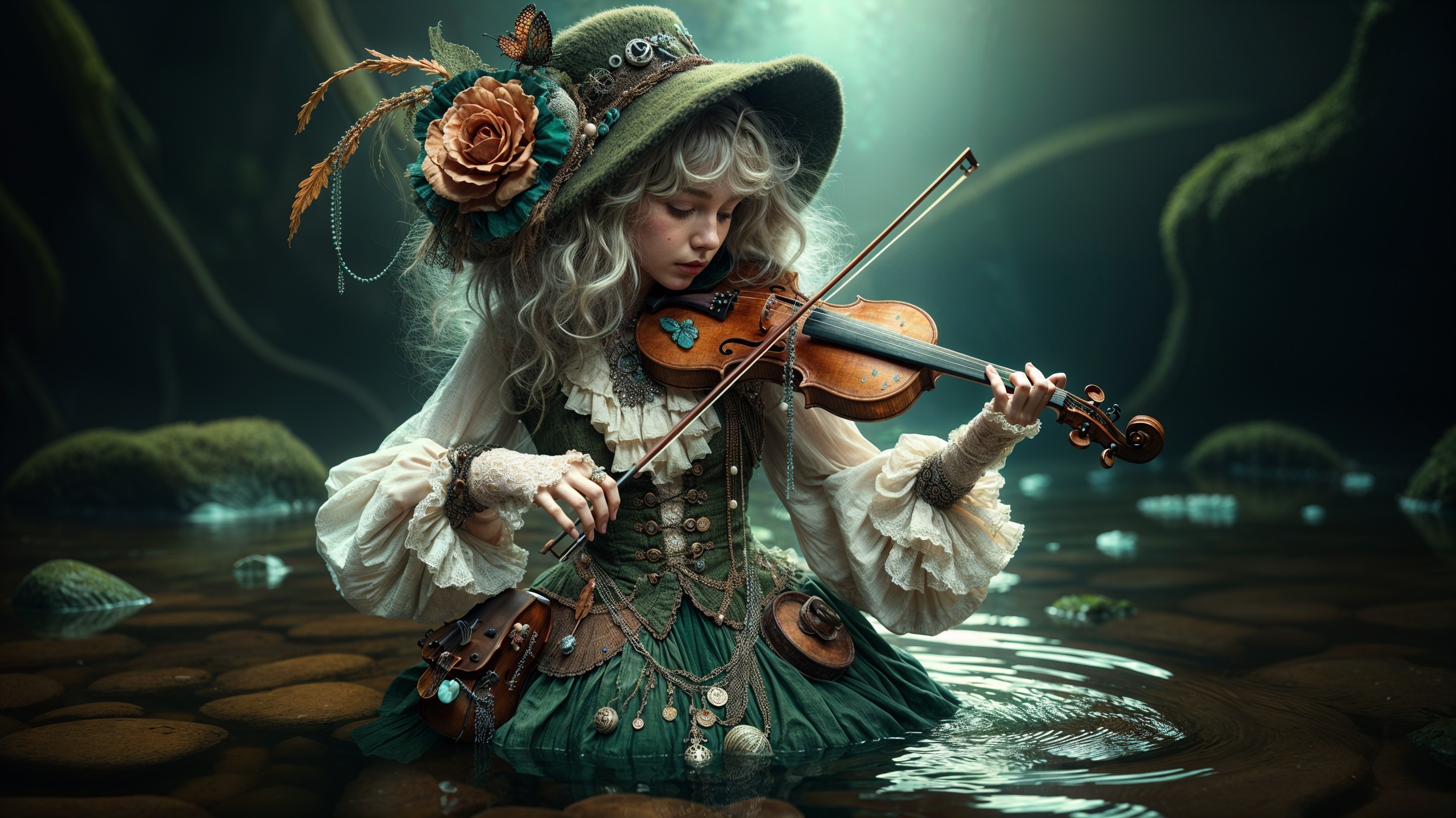 Young girl in floral hat playing violin in water