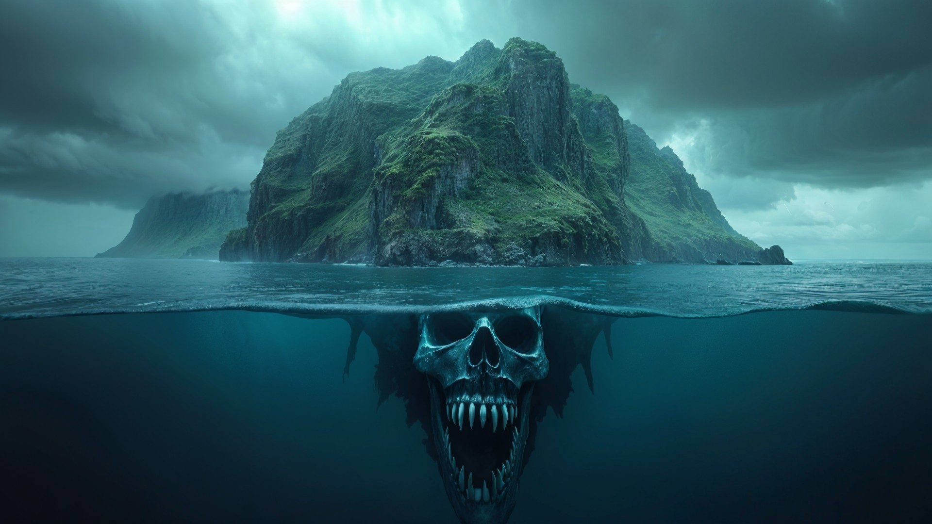 Rocky Island with Mist and Underwater Skull Scene