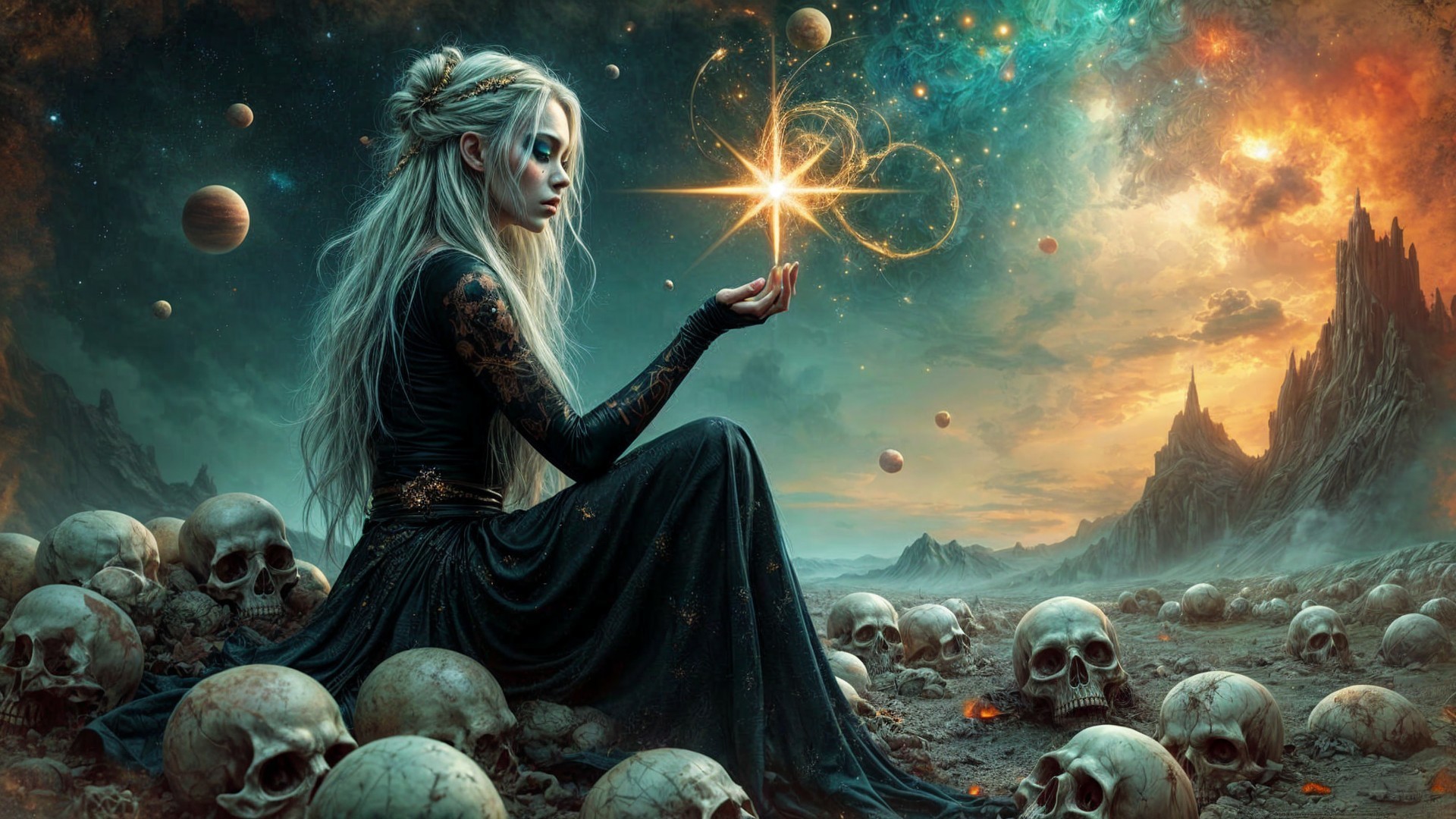 Surreal Landscape with Mystical Figure and Skulls